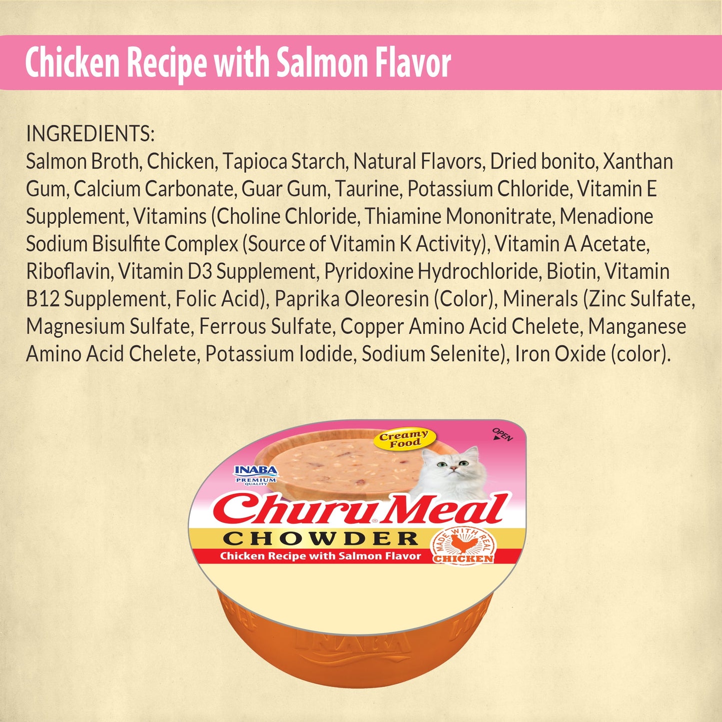 (6 pack) INABA Churu Meal Chowder Adult Wet Cat Food, 2.29 oz cup, Chicken Recipe with Salmon Flavor