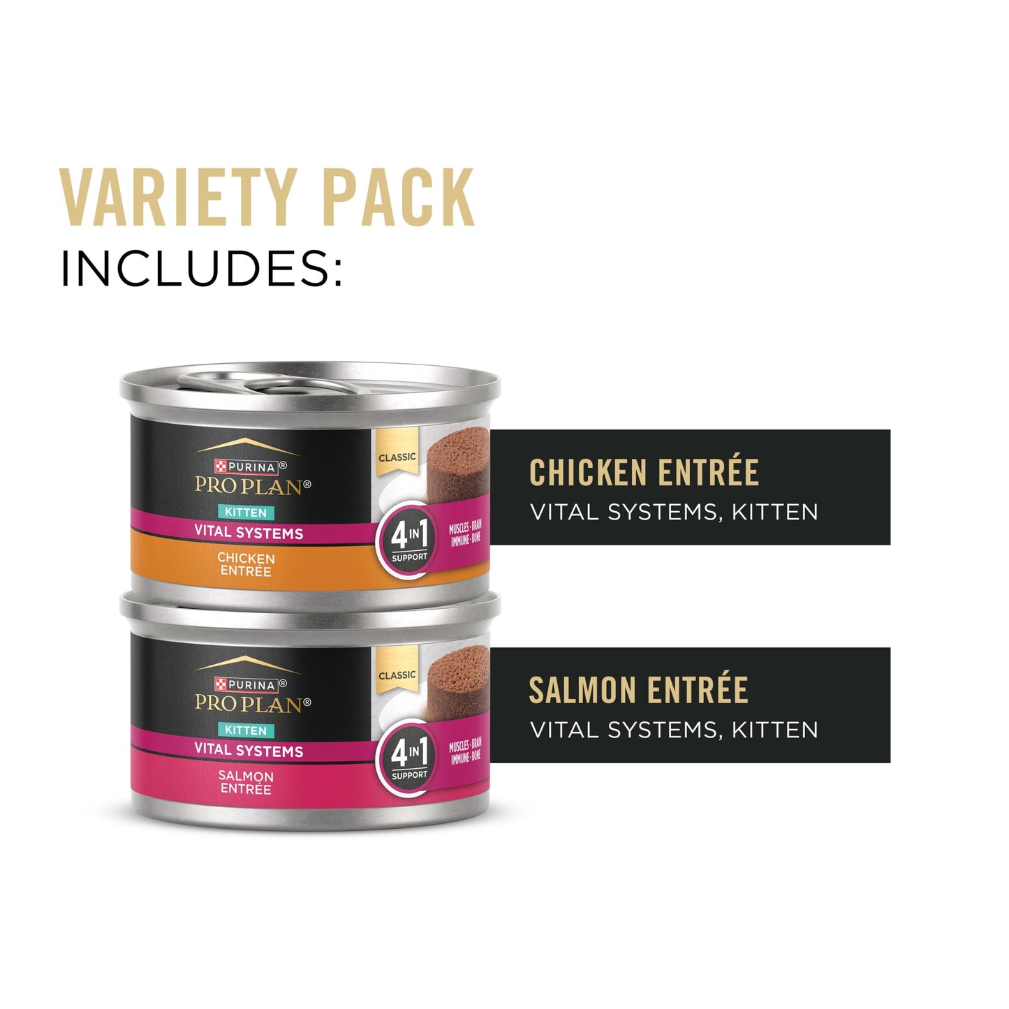 Purina Pro Plan Vital Systems Chicken and Salmon Entree Wet Kitten Food Variety Pack 4-in-1 Muscles, Brain, Immune and Bone