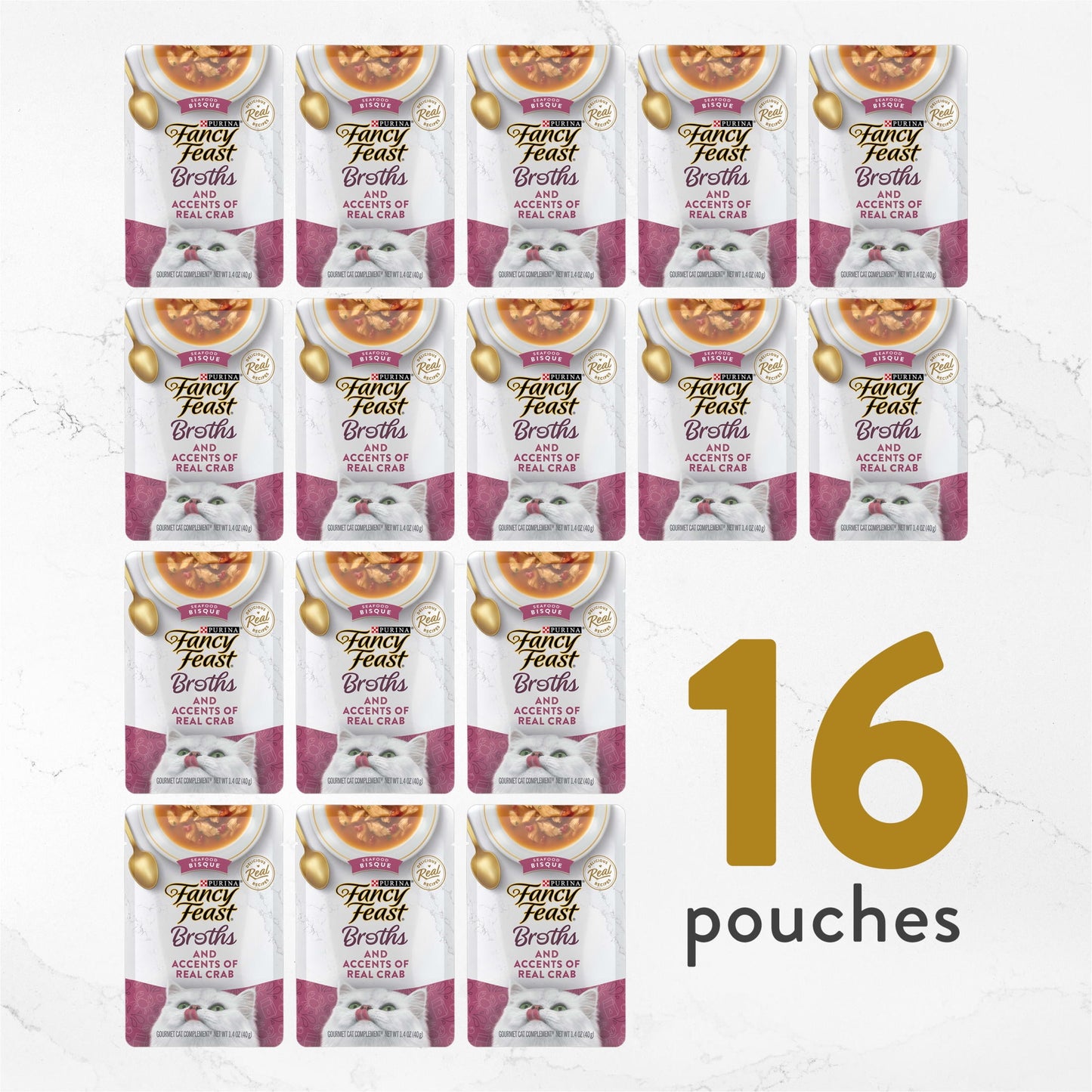 Fancy Feast Grain Free Cat Food Complements, Seafood Bisque & Real Crab, 1.4 oz. Pouches, 16 Count