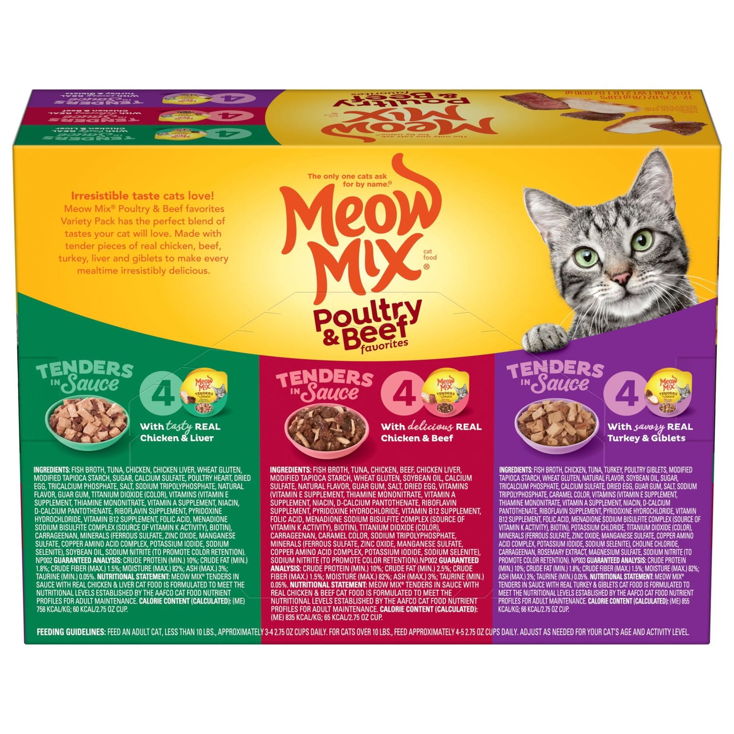 Meow Mix Tenders in Sauce Wet Cat Food Variety Pack With Poultry & Beef Favorites, 12 Cups, 2.75 oz Each