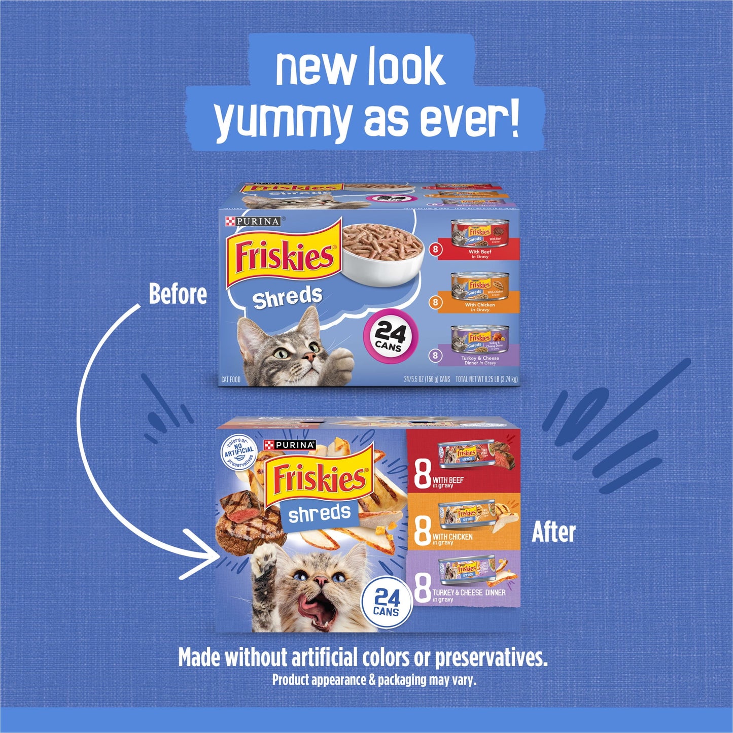 Purina Friskies Gravy Shreds, Beef, Chicken, Turkey and Cheese, Wet Cat Food, 5.5 oz Can, 24 Pack