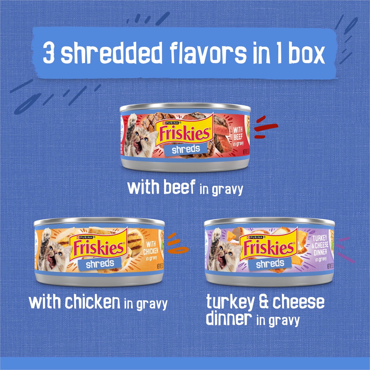 Purina Friskies Gravy Shreds, Beef, Chicken, Turkey and Cheese, Wet Cat Food, 5.5 oz Can, 24 Pack