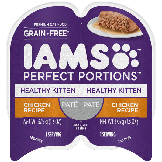 (24 pack) Iams Perfect Portions Healthy Kitten Grain Free Wet Cat Food Pate, Chicken Recipe, 2.6 Oz  Twin-Pack Tray