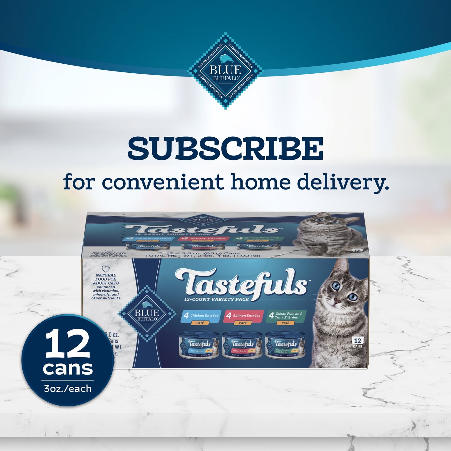 Blue Buffalo Tastefuls Natural Pate Wet Cat Food Variety Pack, Salmon, Chicken, Ocean Fish & Tuna Entrées 3-oz Cans (12 Count - 4 of Each Flavor)
