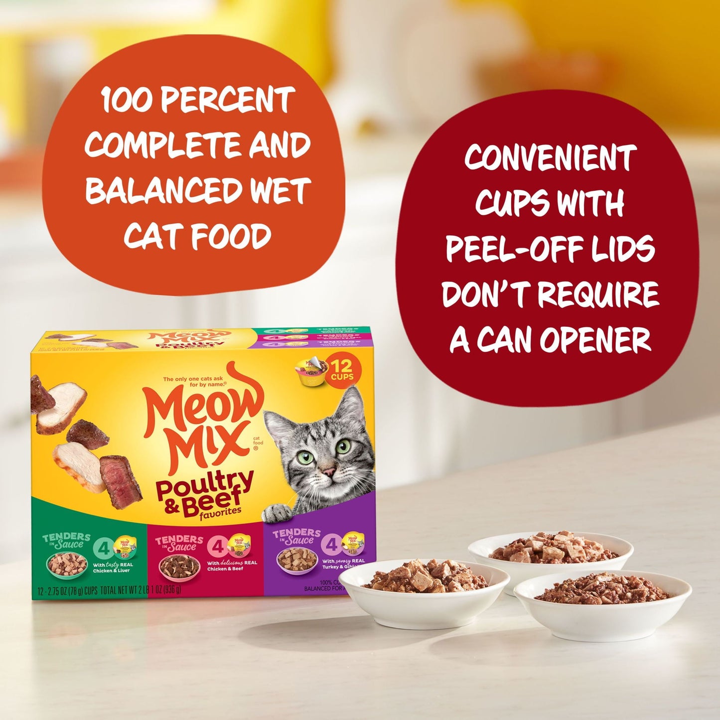 Meow Mix Tenders in Sauce Wet Cat Food Variety Pack With Poultry & Beef Favorites, 12 Cups, 2.75 oz Each