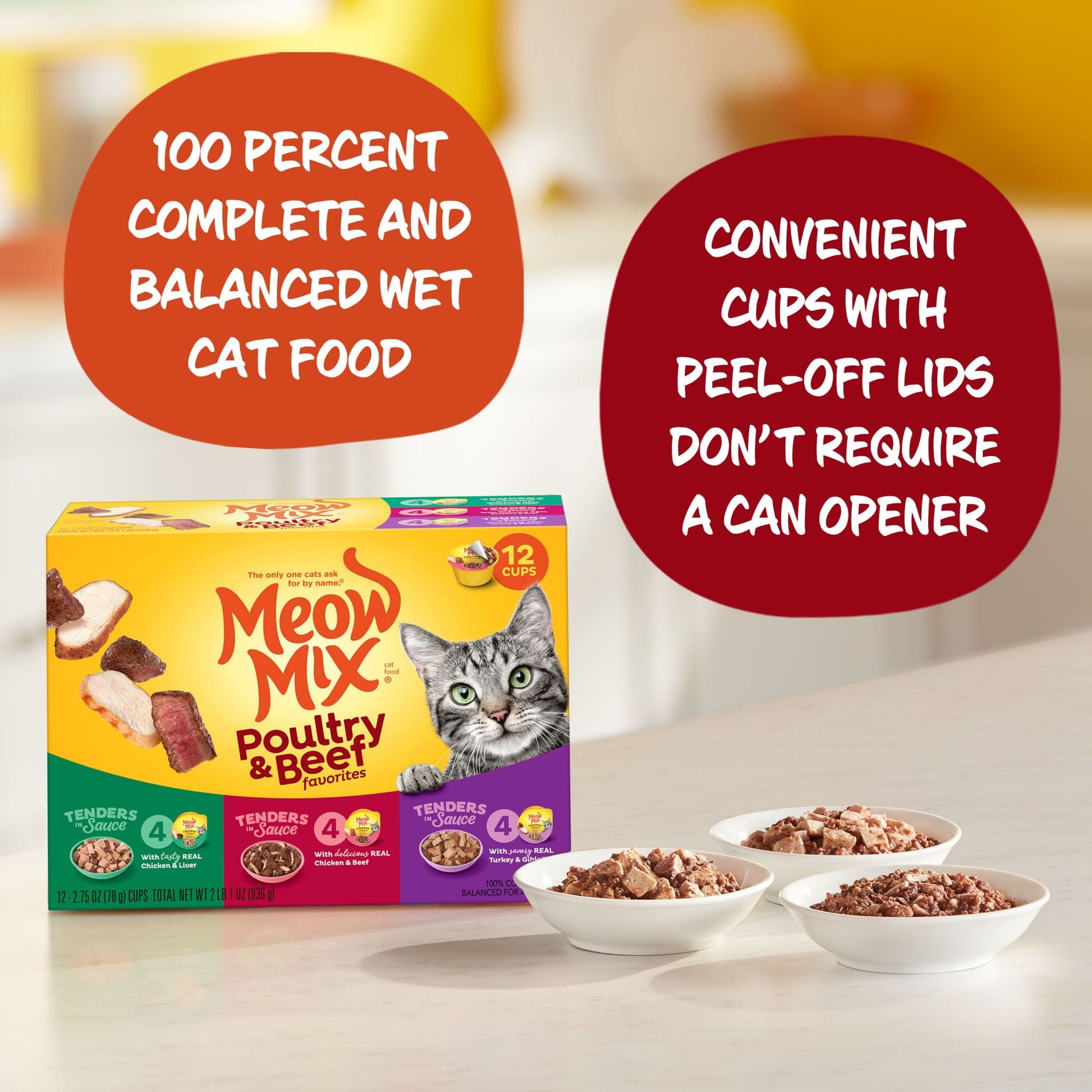 Meow Mix Tenders in Sauce Wet Cat Food Variety Pack With Poultry & Beef Favorites, 12 Cups, 2.75 oz Each