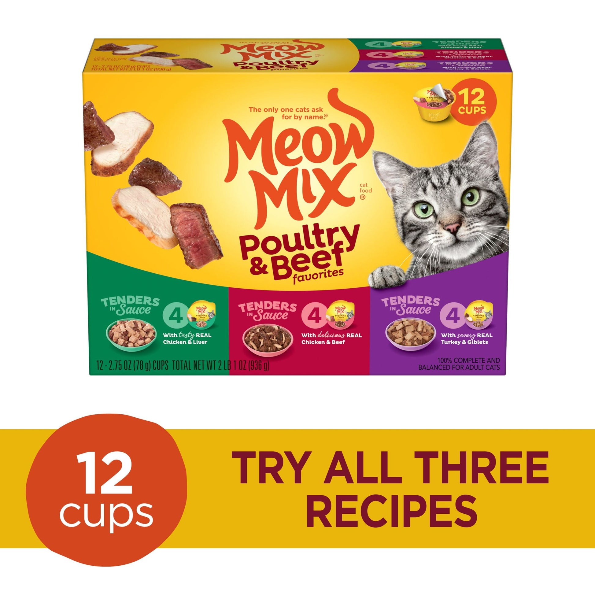 Meow Mix Tenders in Sauce Wet Cat Food Variety Pack With Poultry & Beef Favorites, 12 Cups, 2.75 oz Each