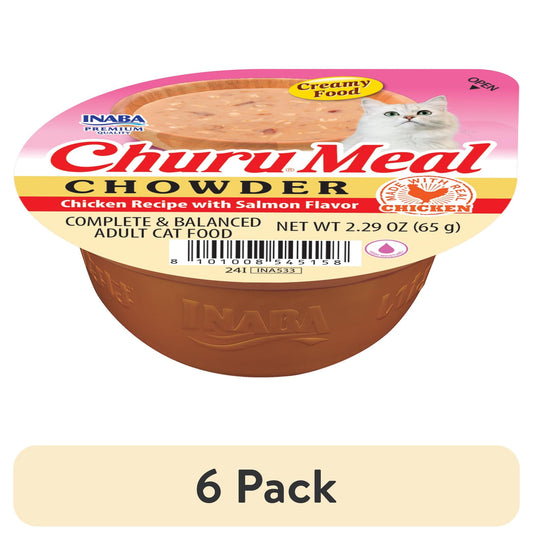 (6 pack) INABA Churu Meal Chowder Adult Wet Cat Food, 2.29 oz cup, Chicken Recipe with Salmon Flavor
