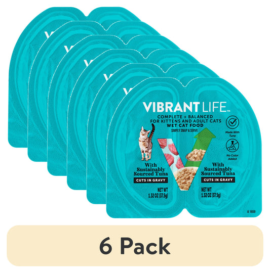 (6 pack) Vibrant Life Tuna Cuts in Gravy Wet Cat Food, Grain-Free, 2.64 oz Split Trays
