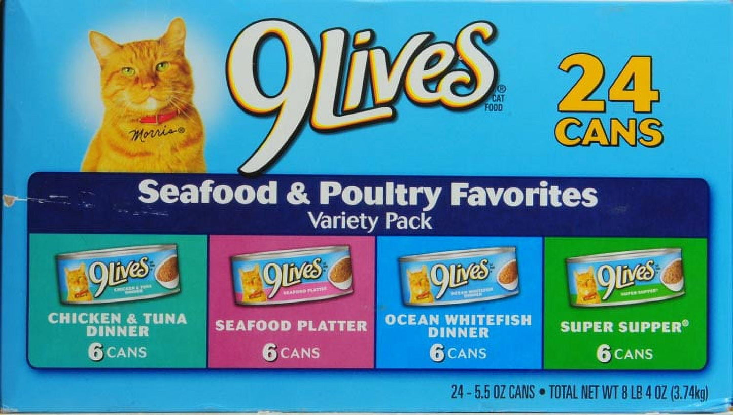 (24 Pack) 9Lives Seafood and Poultry Favorites Wet Cat Food Variety Pack, 5.5 oz. Cans