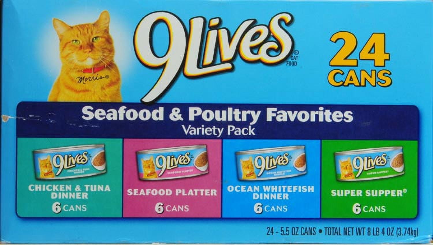 (24 Pack) 9Lives Seafood and Poultry Favorites Wet Cat Food Variety Pack, 5.5 oz. Cans