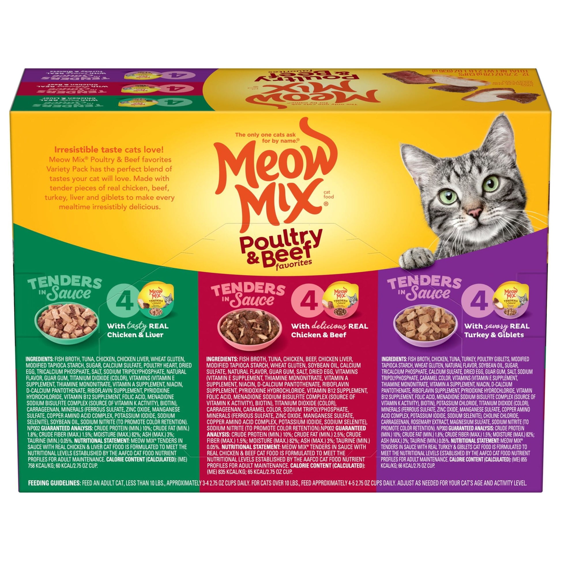 Meow Mix Tenders in Sauce Wet Cat Food Variety Pack With Poultry & Beef Favorites, 12 Cups, 2.75 oz Each
