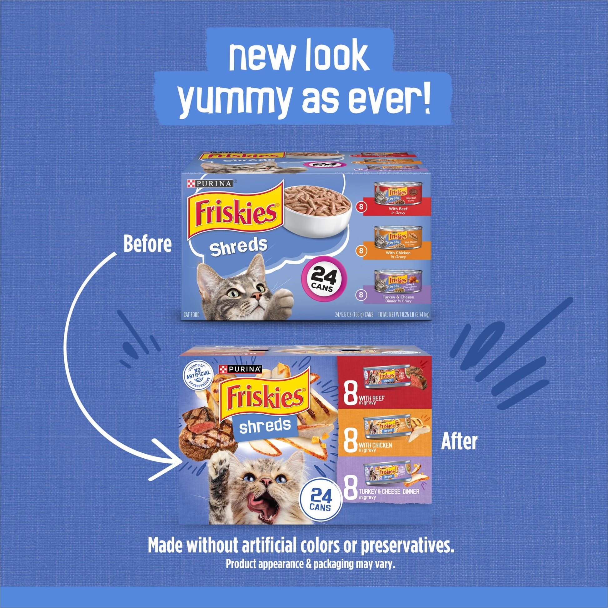 Purina Friskies Gravy Shreds, Beef, Chicken, Turkey and Cheese, Wet Cat Food, 5.5 oz Can, 24 Pack