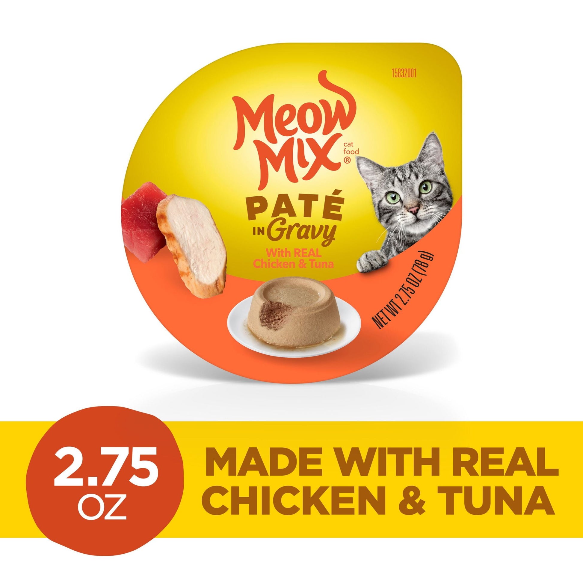 (6 pack) Meow Mix Pate in Gravy With Real Chicken & Tuna, Wet Cat Food, 2.75 oz Cup