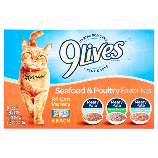 9Lives Seafood and Poultry Favorites Variety Pack Wet Cat Food, 24 5.5-Ounce Cans