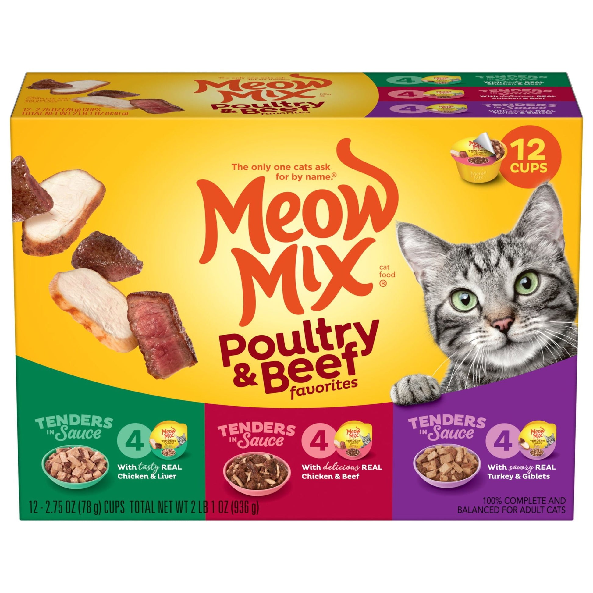 Meow Mix Tenders in Sauce Wet Cat Food Variety Pack With Poultry & Beef Favorites, 12 Cups, 2.75 oz Each