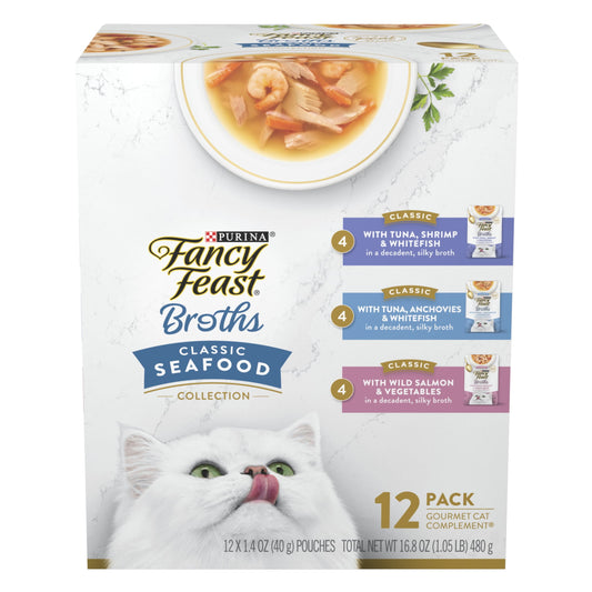 Purina Fancy Feast Broths Kitten Food, Wet Cat Food, Seafood Collection, 1.4 oz Pouch (12 Pack)