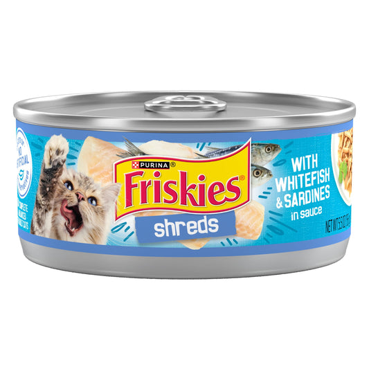 Purina Friskies Shreds Gravy, Soft Whitefish & Sardines, Wet Cat Food, 5.5 oz Cans, 24 Pack