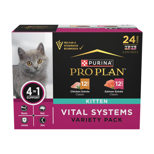 Purina Pro Plan Vital Systems Chicken and Salmon Entree Wet Kitten Food Variety Pack 4-in-1 Muscles, Brain, Immune and Bone