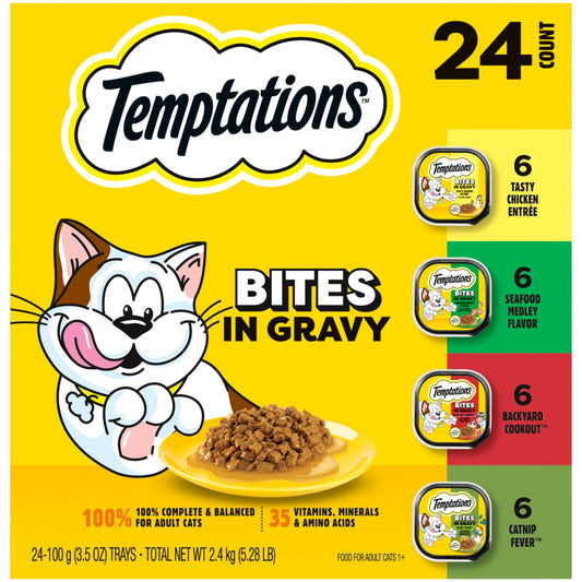 Temptations Bites In Gravy Variety Pack Adult Wet Cat Food, 3.5 Oz Trays, 24 Pk
