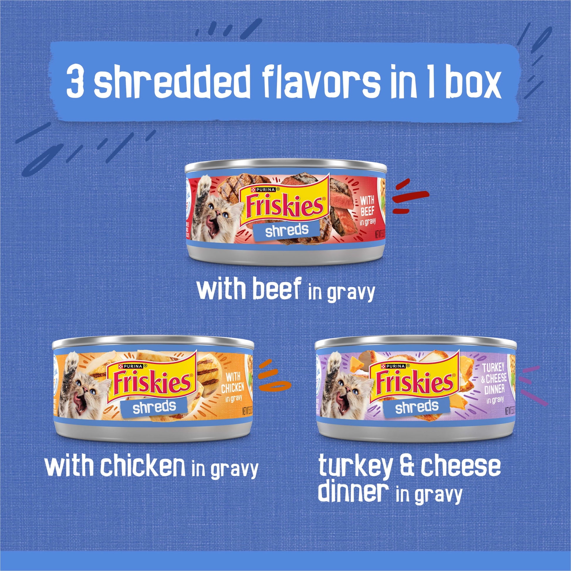 Purina Friskies Gravy Shreds, Beef, Chicken, Turkey and Cheese, Wet Cat Food, 5.5 oz Can, 24 Pack