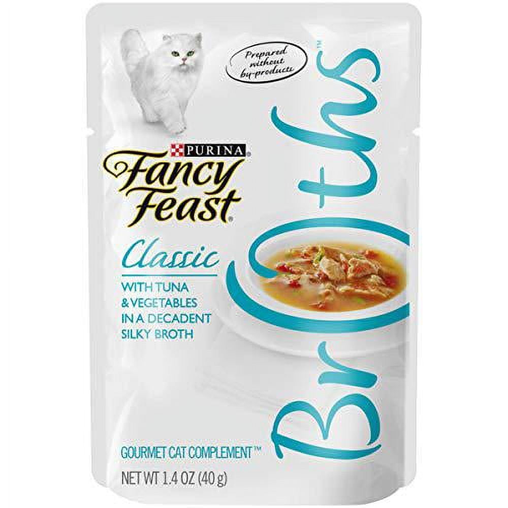 purina fancy feast wet cat food complement, broths classic with tuna & vegetables in a silky broth - (16) 1.4 oz. pouches